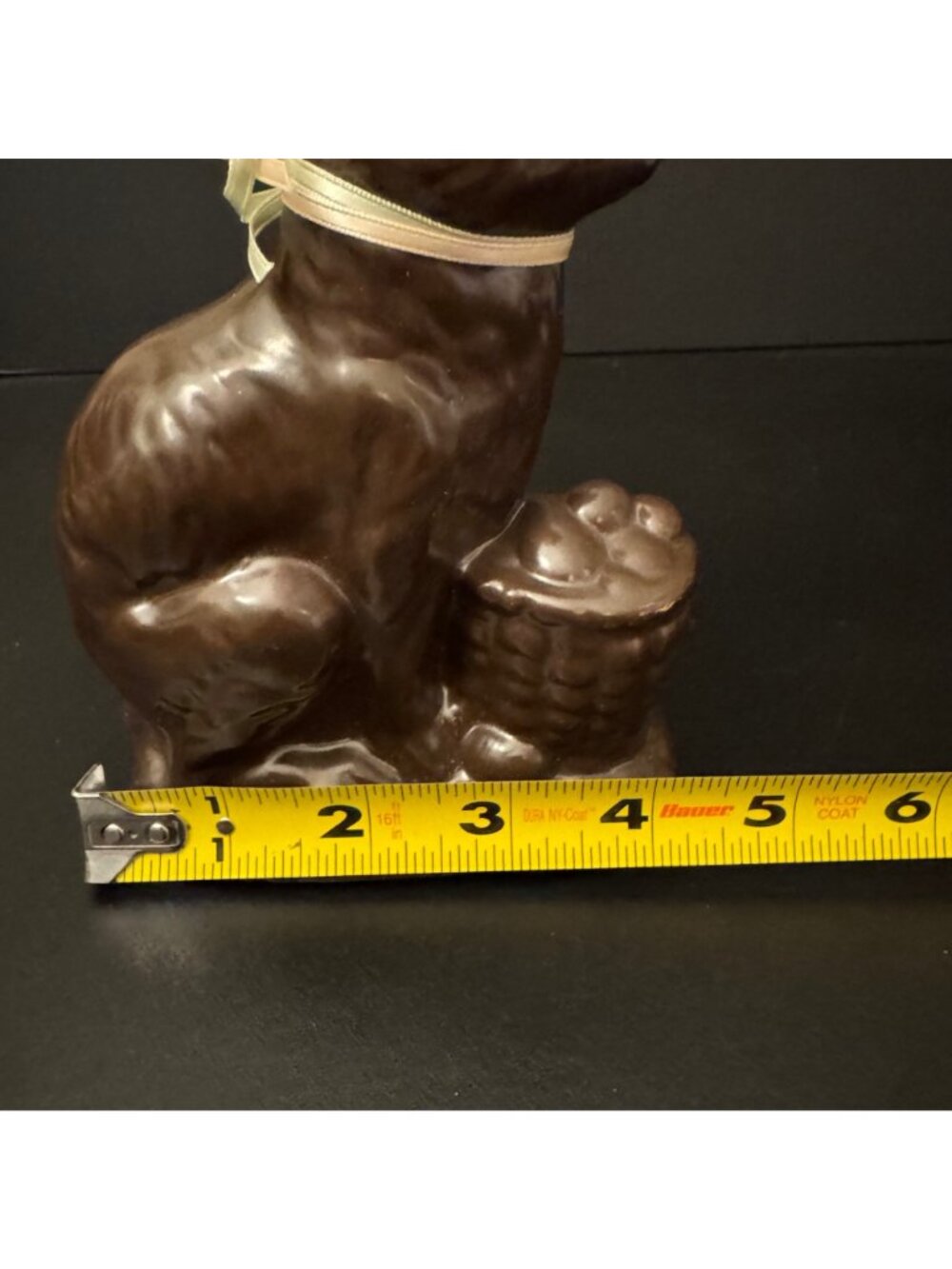 Vintage Chocolate-Look Ceramic Bunny Figurine With Bow & Easter Basket 7" Tall - Picture 7 of 10
